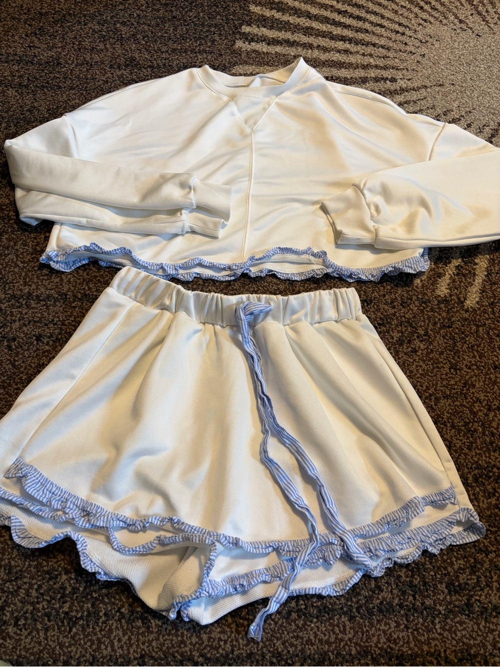 Women’s Two-Piece White Lounge Set with Blue Trim